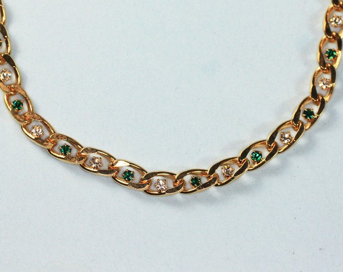 Green and Clear Rhinestone Necklace Curb Link Chain Gold Tone Vintage