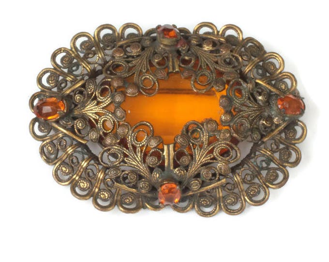 Czech Topaz Glass Filigree Brooch Oval Shape