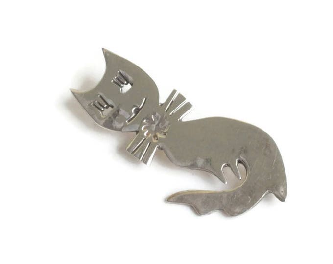 Smiling Cat with Bow Tie Brooch Sterling Silver Cut Out Design Curled Tail Taxco Mexico Signed