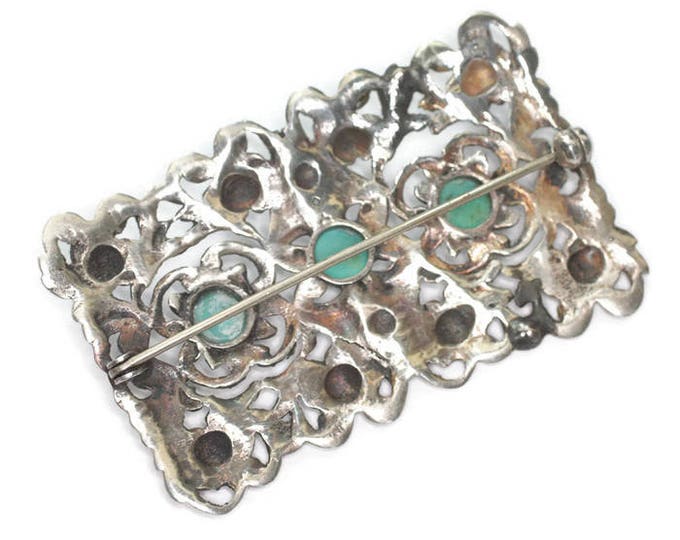 835 Silver Open Work Repousse Brooch Turquoise Cabochons Art Deco Era Signed Vintage