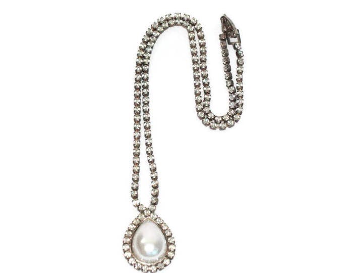 Clear Rhinestone Choker Necklace Faux Pearl Drop Vintage