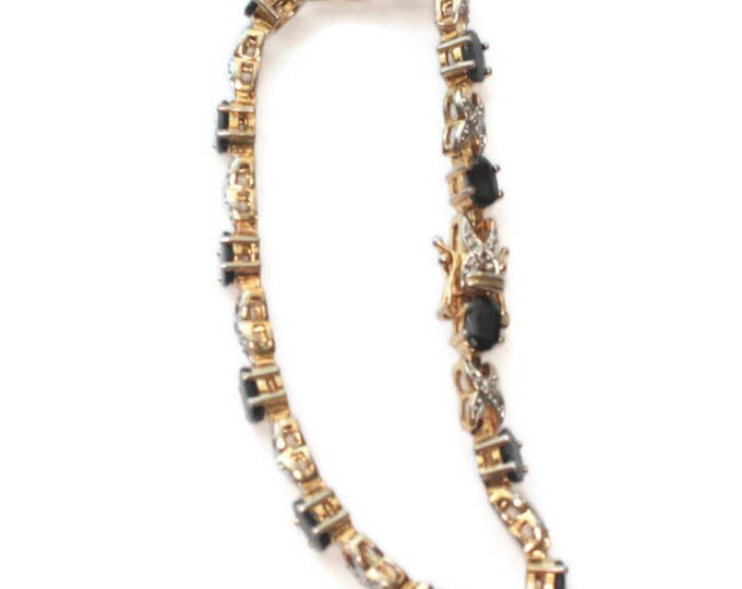 Dark Blue Gemstone Tennis Bracelet Clear Gemstone Accents Signed China