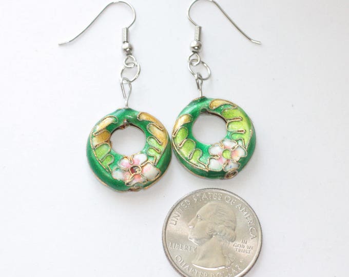 Cloisonne Dangle Earrings Floral Pink and Green Open Circle Shape