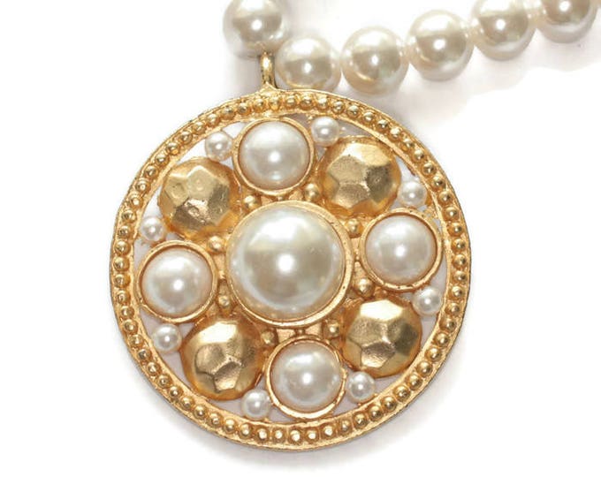 Long Faux Pearl Necklace with Chunky Medallion Pendant 36 Inch Necklace