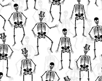 WHITE SKELETONS with Metallic by First Blush Studio, halloween fabric, skulls, black and white, by the yard
