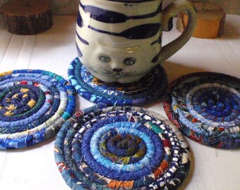 Blue Bohemian Coiled Fabric Coasters - Set of 4, Handmade by Me
