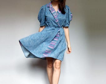 Puff Sleeve Dress Vintage 80s Blue Dress Striped Mini Prairie Dress 1980s Dress - Small to Medium S M