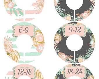 ON SALE 6 Baby Closet Dividers, Baby Shower Gift, Floral, Pink, Mint Nursery Decor Clothing Baby Clothes