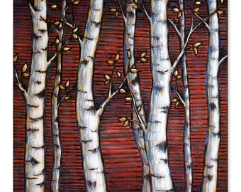 Aspens on Red Wood Burning & Painting - Original