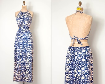 vintage 1970s maxi dress | cut-out backless 70s halter dress | (large l)