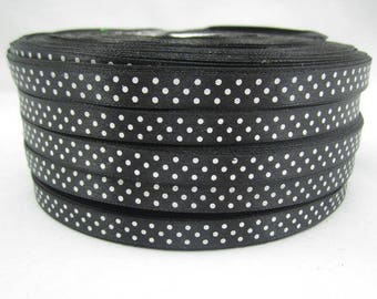 5 m ruban satin noir à pois blanc largeur 9 / 10 mm