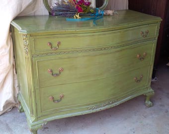 DRESSER Vintage Cottage Low Boy Bow Front Chest of Drawers and Mirror in Chartreuse Finish Poppy Cottage Painted Furniture