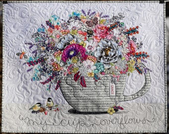 MarveLes WALL QUILT My Cup Overflows in GRAY Teacup Text Words Purple Pink Turquoise Blue Chickadees