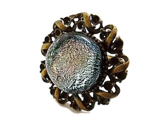 Dichroic Glass Ring, Fused Glass Ring, Vintage Brass Adjustable Ring, Silver Ring, Adjustable Ring, Dichroic Fused Glass Ring