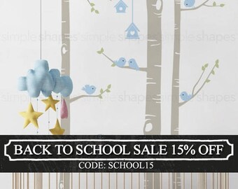 Birch Tree Birds Wall Sticker Set, Baby Nursery Wall Decals, Nursery Wall Stickers, Tree with Birds Decal, Girls Nursery, Boys Nursery W1119
