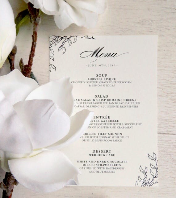 Printed Wedding Menu reception menu dinner menu table