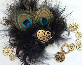 Small Black Peacock Feather & Watch Cog Gears Steampunk Style Mini Fascinator Hair Clip Wedding Cosplay - Made to Order
