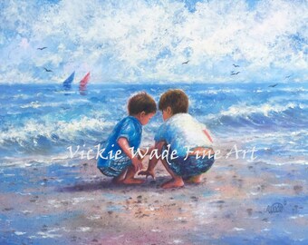 Two Beach Boys Art Print, two brothers beach, beach wall art, art, little boys room, nursery boys wall art, beach painting, Vickie Wade art
