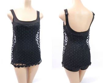 Polka Dot 1960s Swimsuit - One piece Bathing Suit - Black Polka Dot // Robby Len Fashions // Mid 1960s Mod Swimsuit