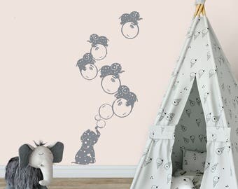 Cute Elephant Wall stickers, Easy peel wall art, Baby Elephant decals, Bubbles, Grey, Zoo Nursery, wall decor, Jungle Baby room wall decals,