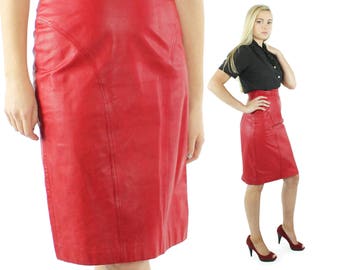 Vintage 80s Red Leather Skirt High Waisted Pencil Skirt Knee Length 1980s Biker Rocker Small S Pelle Cuir