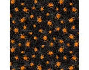 Under a Spell from Wilmington Prints - Full or Half Yard Orange Spiders and Webs on Black - Halloween Webs