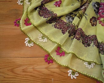 turkish scarf, crochet trim, oya scarf, pistache pink