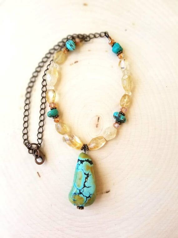 Turquoise faceted citrine crystal antique copper rondelle