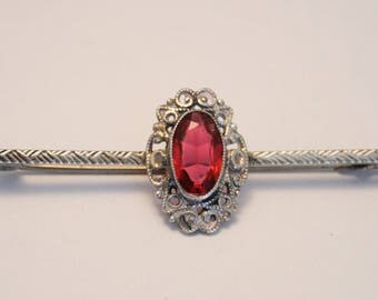 Vintage sterling silver bar brooch. Pink red crystal brooch