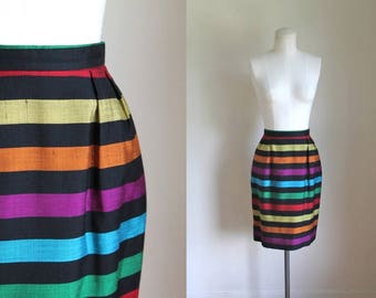 vintage 1980s skirt - RAINBOW black striped pencil skirt / S