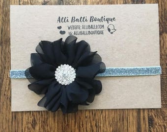 ON SALE Baby Headband, Girl Headband, Newborn Headband, Newborn Photo Prop, Glitter Headband, Holiday Headband, Black And Silver Headband