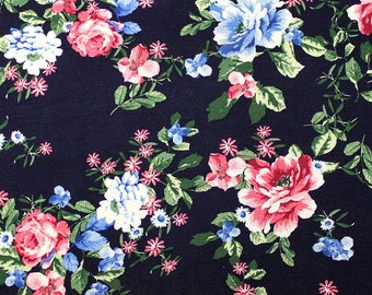 Navy Blue Pink and Green Floral Rayon Spandex Jersey Knit Fabric, 1 Yard
