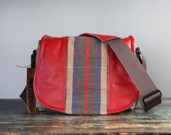 Red Plaid Tartan Leather Camera Satchel Bag DSLR - IN-STOCK