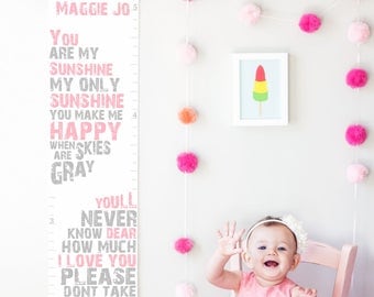 Custom/ Personalized You Are My Sunshine canvas growth chart in pink and gray- perfect nursery decor or baby shower gift!