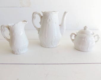Antique Child's Playtime Toy Tea Set, White Ironstone