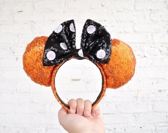 Halloween Orange Black Sequin Polka Dot Mickey Mouse Ears Minnie Mouse Ears