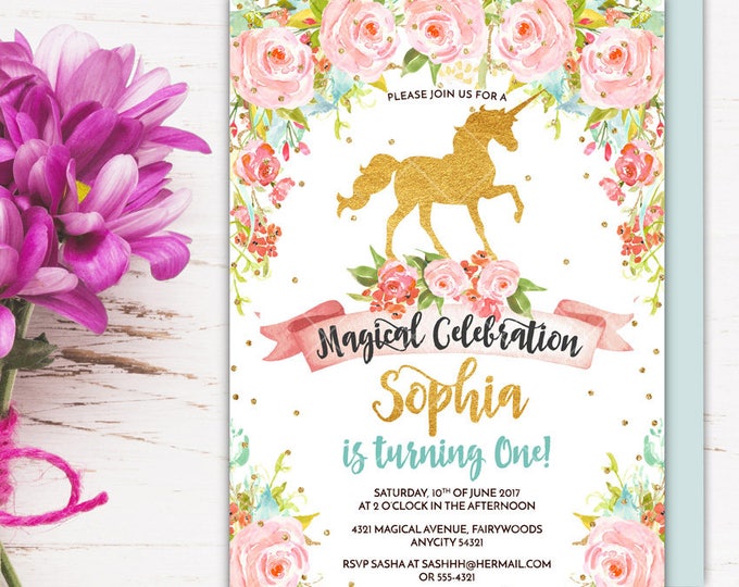 Unicorn Birthday Party Invitation, Magical Whimsical Enchanting Gold Glitter Floral Unicorn Printable Invitation, Fairytale Party Invitation