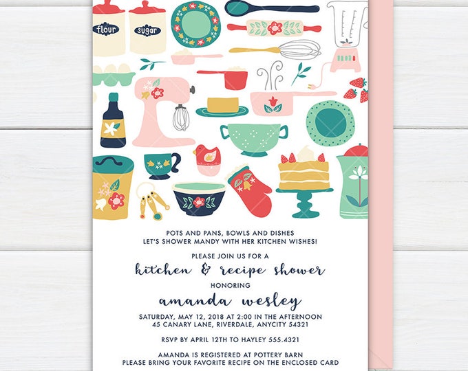 Kitchen and Recipe Bridal Shower Invitation and Recipe Card with Back Design, Cooking Baking Kitchen Shower Printable Invitation