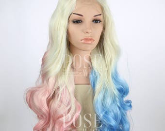 Harley Quinn Lace Front Wig / Suicide Squad Cosplay Long Curly Blonde Pastel Pink Blue Halloween Costume Joker Ombre / Princess Series