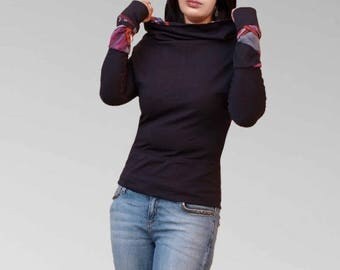 Cowl neck sweater, T shirt in black sleeved extra long