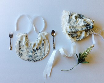 Bonnet and bib set, heirloom baby set, vintage-inspired, baby shower gift, toile, lace, ribbon ties, size 0-6 months