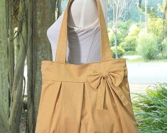 On Sale 20% off yellow cotton canvas purse with bow / tote bag / shoulder bag / hand bag / diaper bag - zipper closure