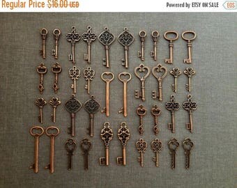 ON SALE Antique Copper Keys 36 Vintage Keys Antique Keys Copper Skeleton Key Charms Skeleton Key Pendants Set Replica Key Set - Keys to the