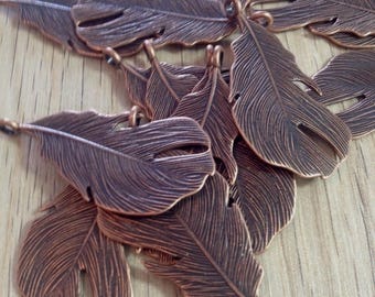 ON SALE 6 x Antiqued Copper Feather Charms Large Natural Feather Pendants Jewelry Making Feather Charms Rustic Copper Feathers 59mm x 26mm