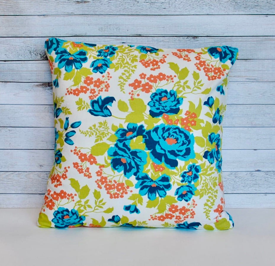 Blue and orange floral pillow cover. 20x20 cushion. Shabby