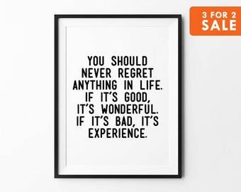Motivational Print, Wall Art, Quote Poster, Minimalist, Black and White, Home Decor, You Should Never Regret