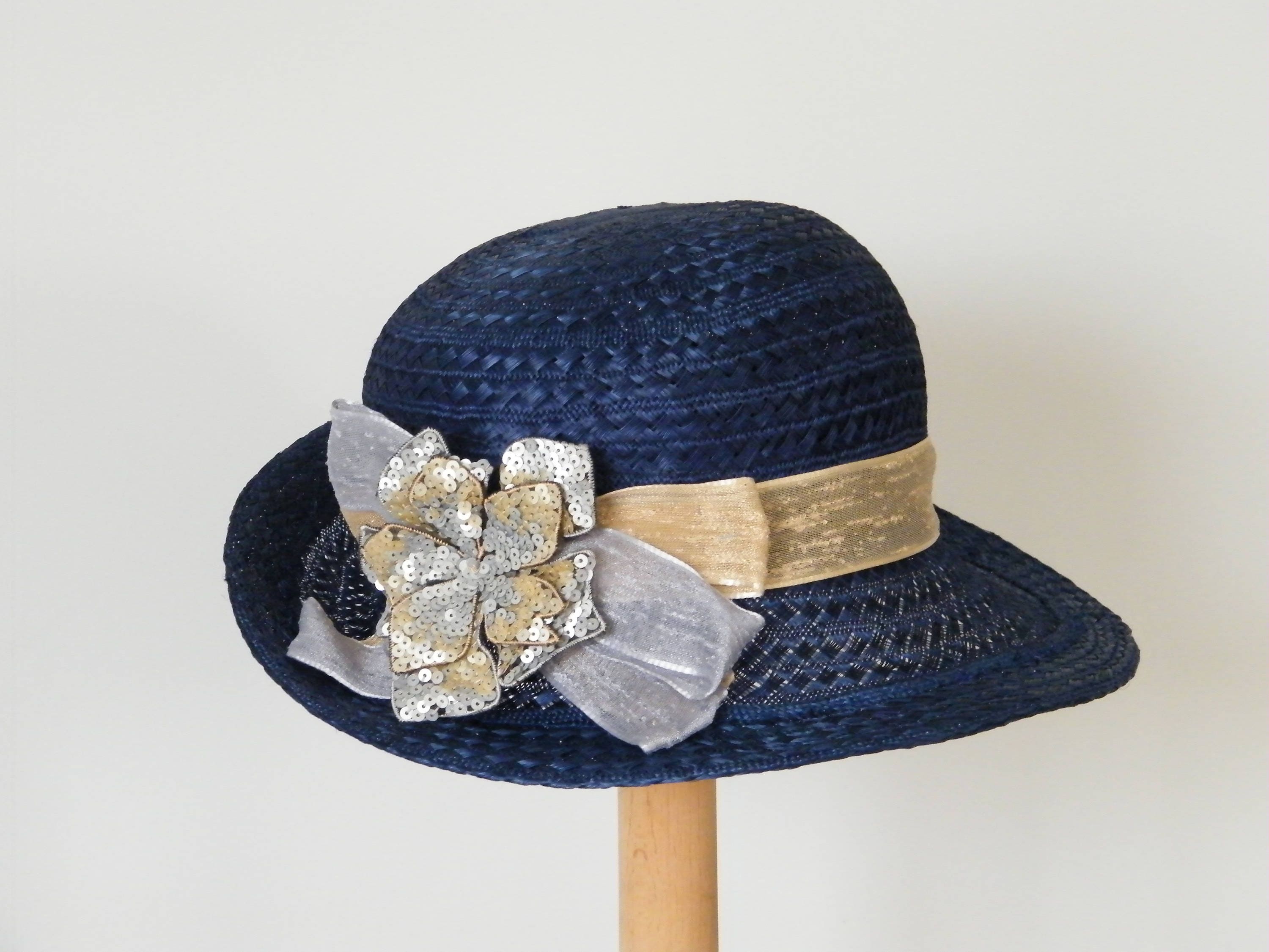 navy blue elegant summer hat / 20s straw cloche hat / ladies