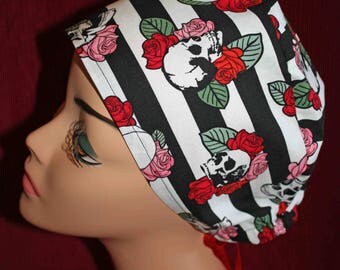 Striped Skulls and Roses Surgical Cap (biker/chemo/surgical)