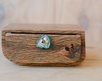 Large Reclaimed boat wooden box. Wood grain. Wooden box. Teal Glass. glass drawer pull. Wood drawer box. Glass drawer box. glass and wood