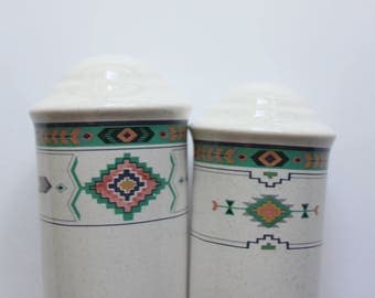 Vintage Studio Nova Stoneware Adirondack - Aztec - Pattern Salt and Pepper Shaker Set 1980s